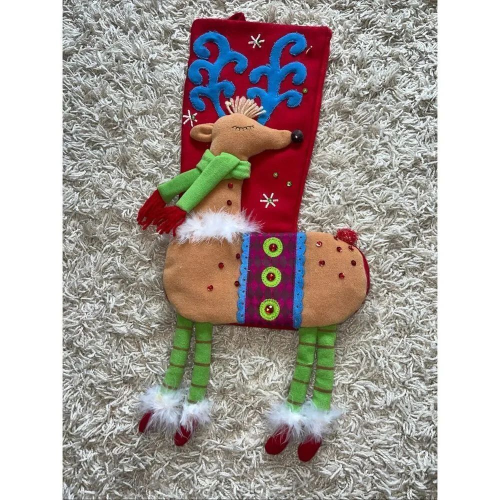 Pier 1 One Imports Festive Reindeer Dangle Legs Sequin Christmas Stocking